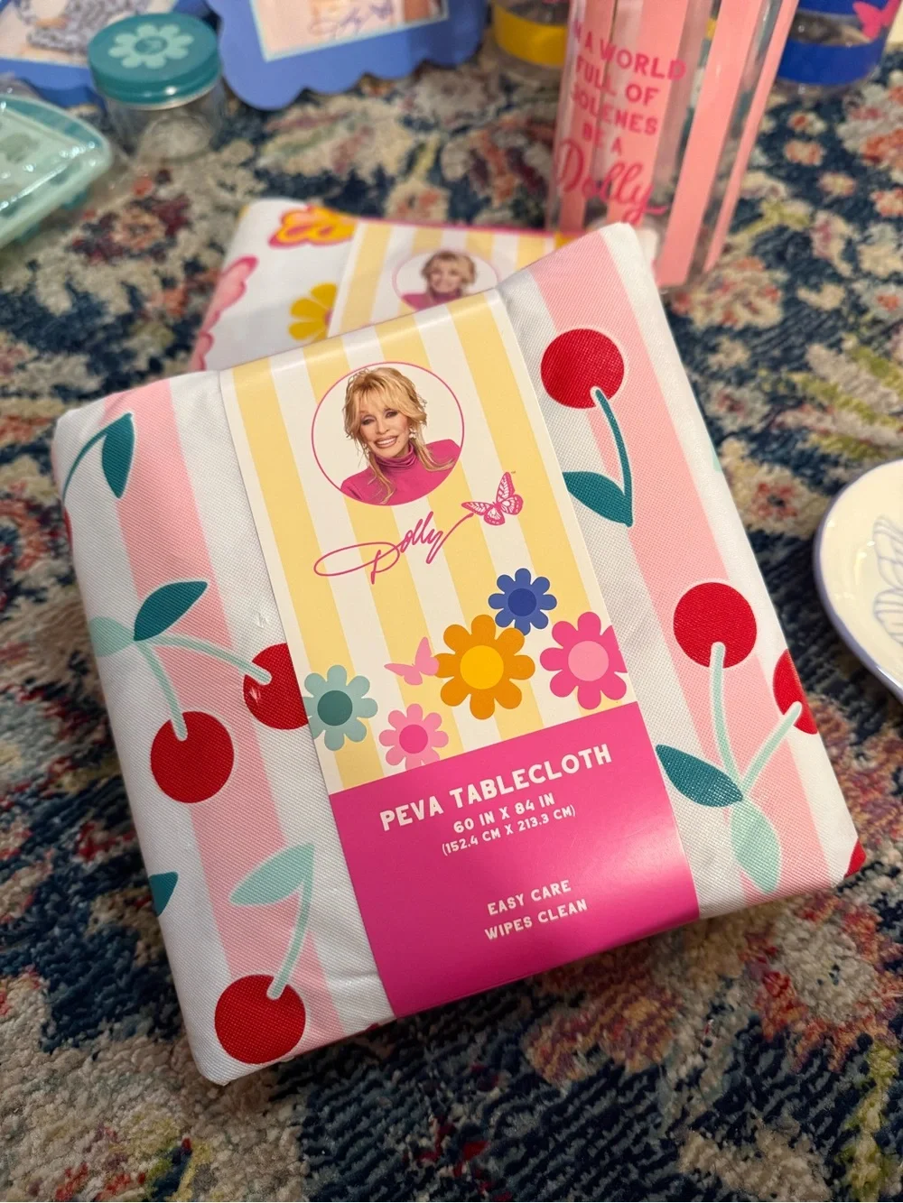 Dolly Parton Signature Brand Tablecloth - cherries and stripes NWT